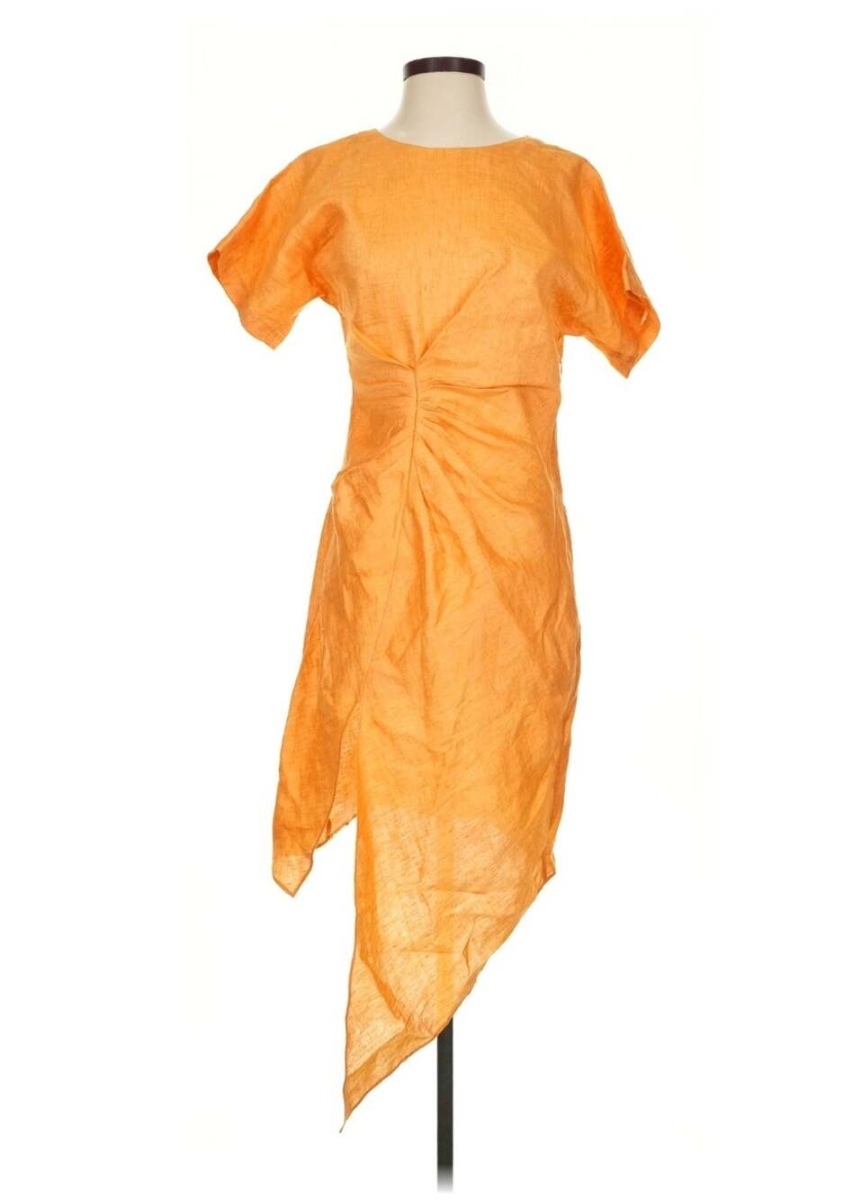 Ronny Kobo Linen Blend Yellow Ochre Asymmetrical Hem Front Twist Midi Dress S